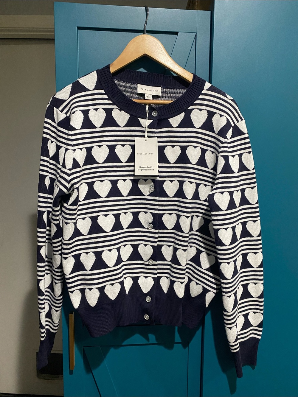 Free Assembly Navy & White Heart Stripe Cardigan Sweater